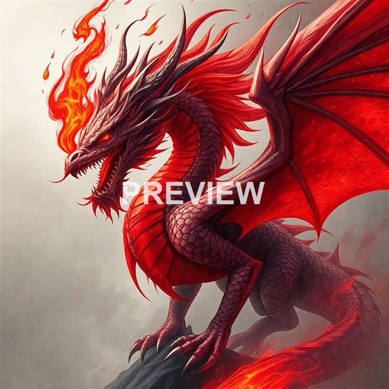 A fierce red and black dragon with fiery flames emanating from its head, standing on a rocky surface with its wings spread wide.